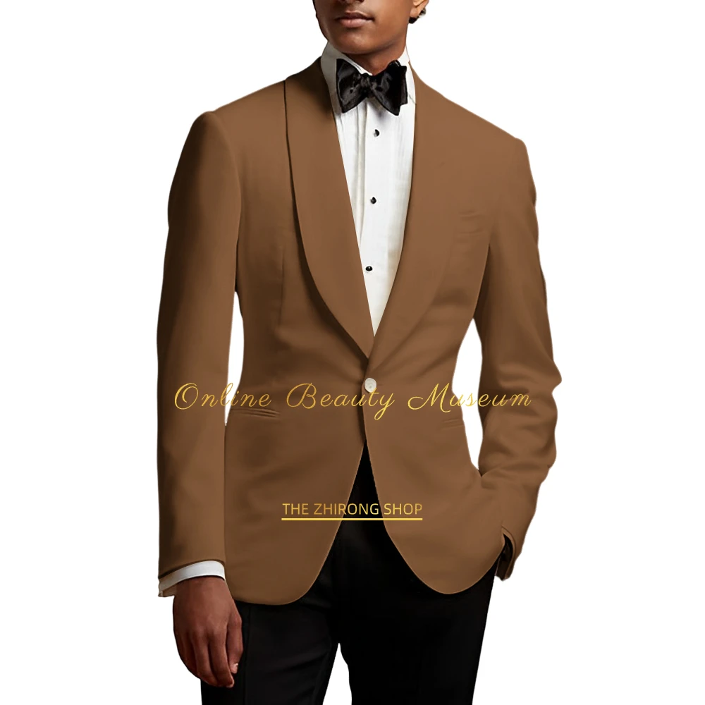 Men\'s ivory 2-piece suit, round collar jacket + black trousers, fashionable and elegant style, wedding cocktail party dress