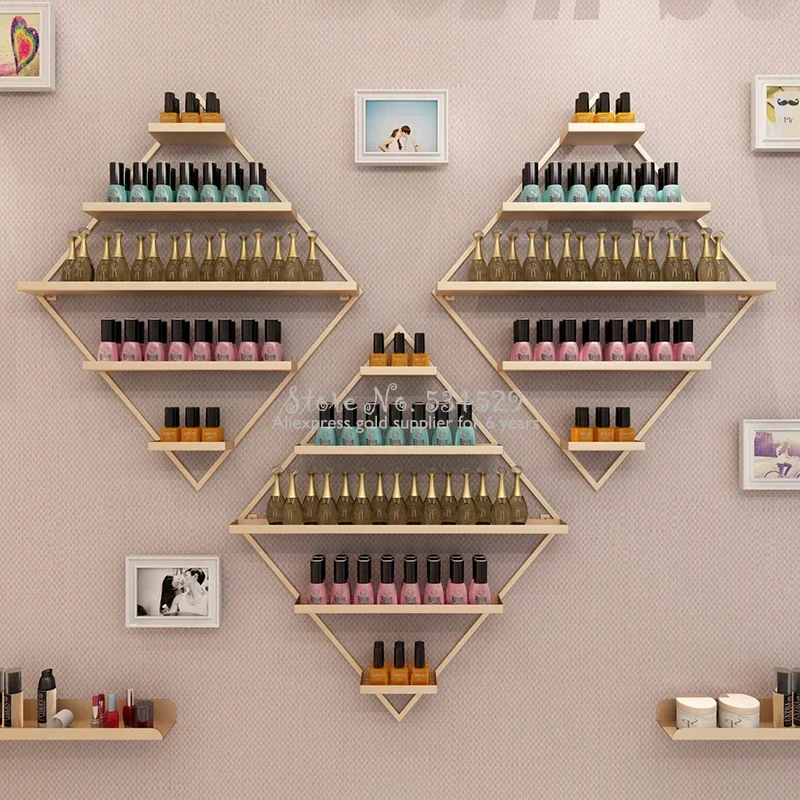 Golden Nail Polish Organizer Diamond Shape Storage Shelf Wall Hanging Display Rack Cosmetics Organizer Elegant Beauty Storage