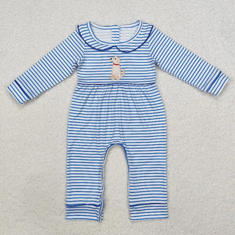 

8.16y Winter new baby girls wholesale boutique embroidery girl puppy striped doll collar blue and white long sleeve jumpsuit