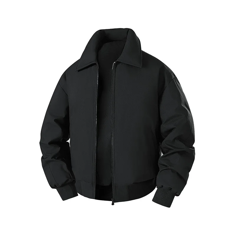 เสื้อโค้ทผู้ชายฤดูหนาวแบบใหม่ หนา อุ่น แขนยาว แจ็คเก็ตขนเป็ด สไตล์สตรีทแวร์ สีพื้นเรียบง่าย คอตั้ง ทรงหลวม เสื้อคลุมผู้ชาย