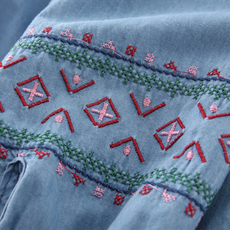 New 2025 Autumn Long Sleeve Denim Shirt, Women O Neck Embroidery Buttons, Mori Girl French Retro Versatile Loose Blouse T59948CC