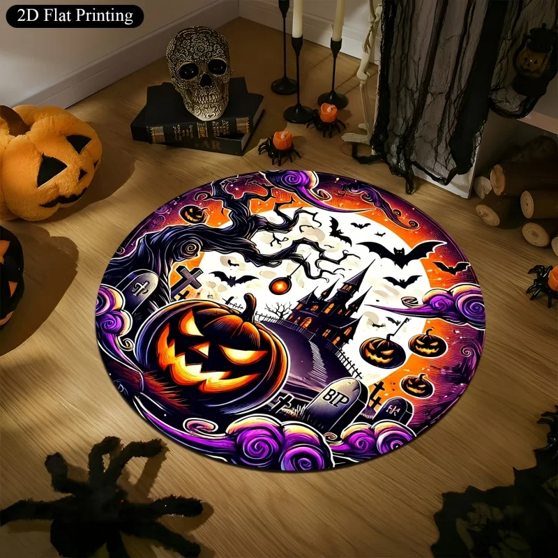 Haunted House Pumpkin Halloween Round Rug, Bat Spooky Castle Printed Circular Floor Carpet, Indoor Home Decor
