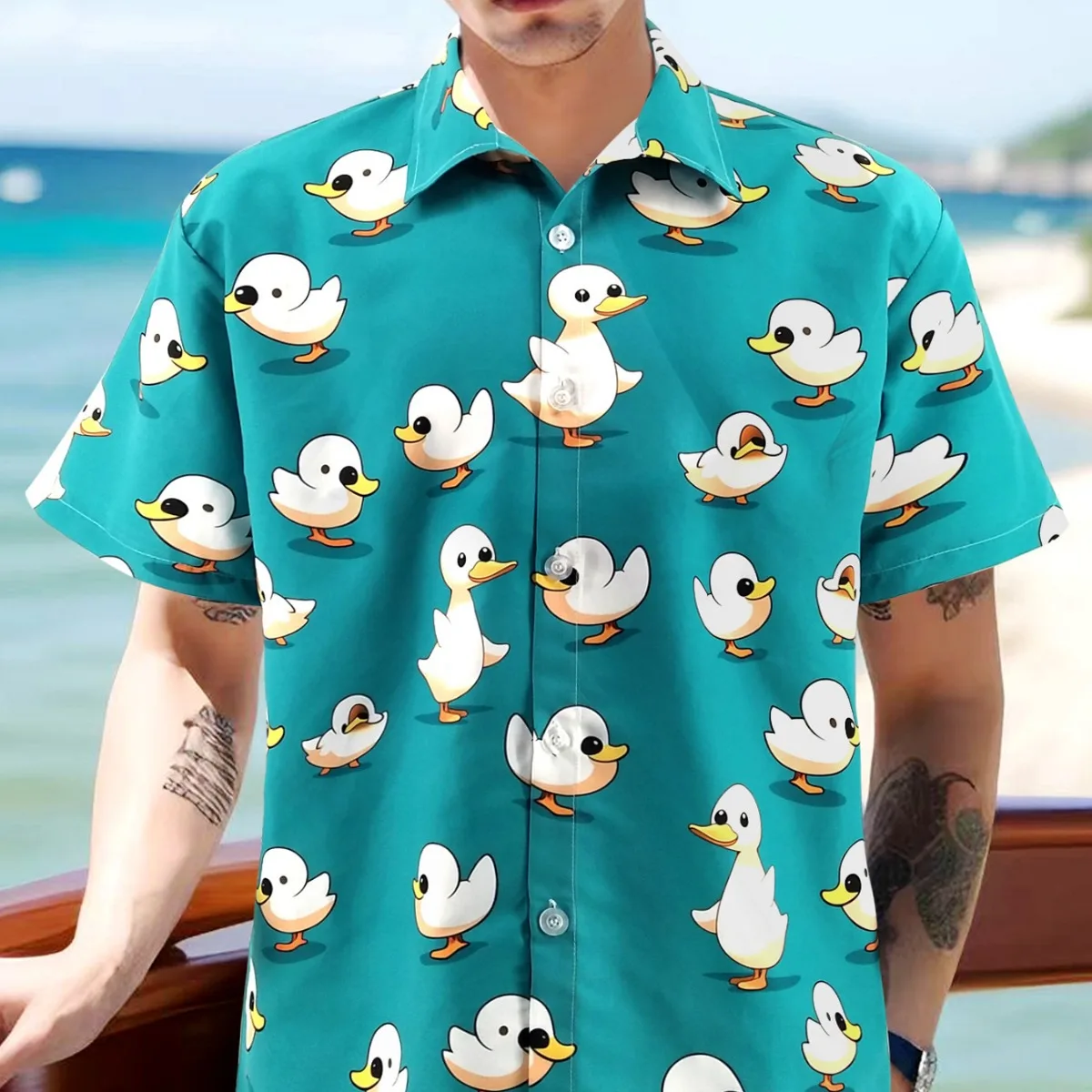 Cute Ducks Print New Hawaiian Shirt Men's Trendy Loose Peacock Blue Outdoor Beach Vacation Short Sleeve Man Blossom