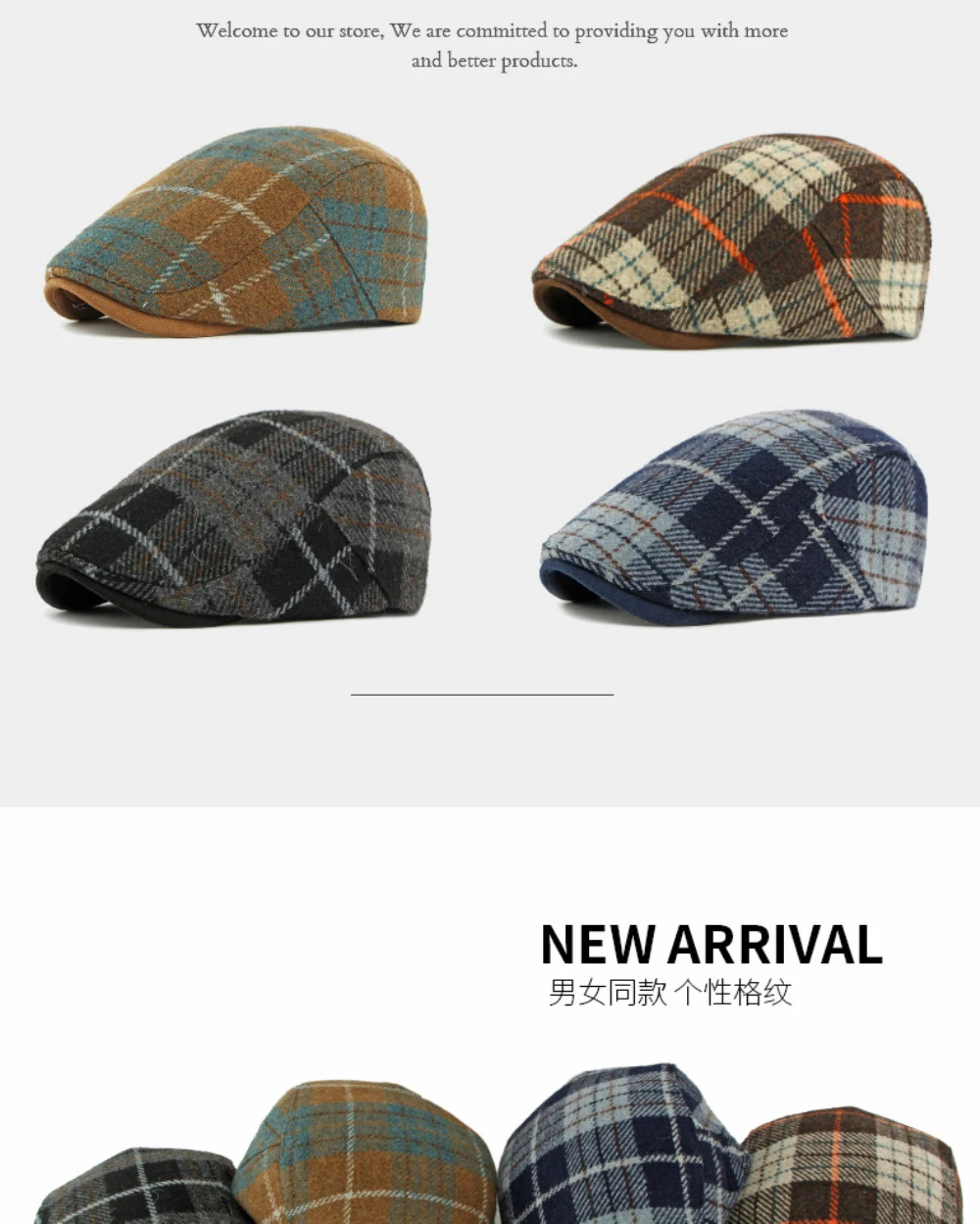 HT4903 Baskenmütze Kappe Neue Herbst Winter Wolle Baskenmütze Hut Frauen Plaid Künstler Maler Hut Männlich Weiblich Ivy Flache Kappe Einstellbar Herren Berets – Detail 1