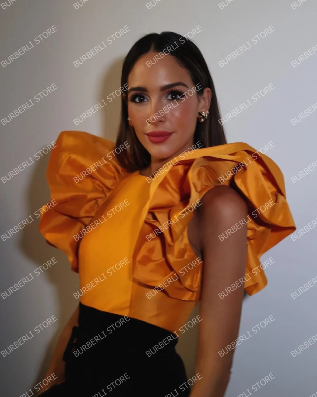Elegant Orange Satin Women Tops Pretty Ruffles Sleeves O-neck Taffeta Female Top High Quality Custom Made Prom Party Blouse