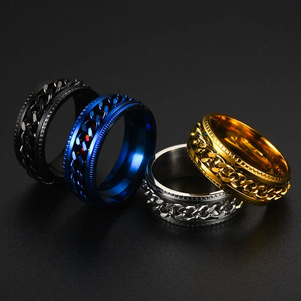 Fashion Stainless Steel Rotatable Chain Rings For Men Punk Spinner Chain Rotable Ring Women Party Titanium steel Jewelry Gift