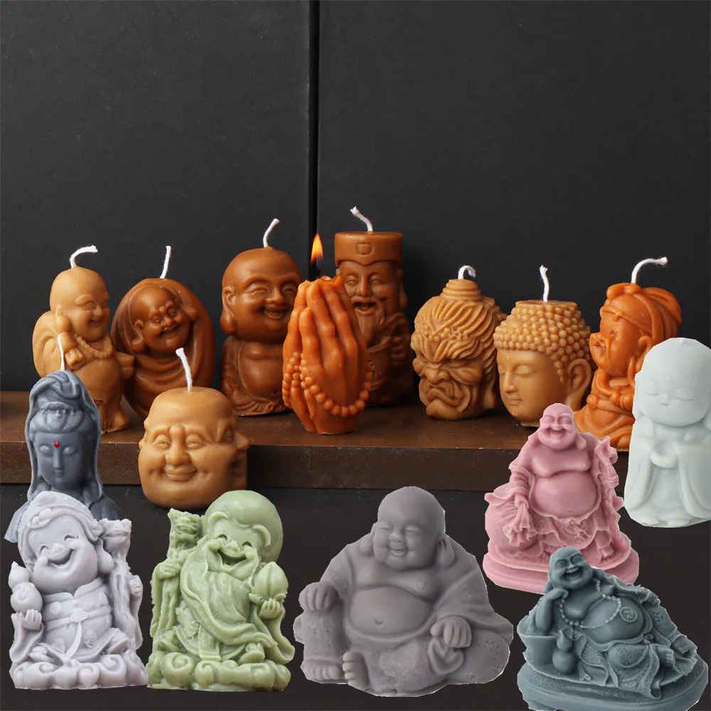 3D buddyjski mnich świeca zestaw silikonowych form Maitreya bogini Guanyin żywica tynk Home Decor modlący się Budda istoty mydło Make