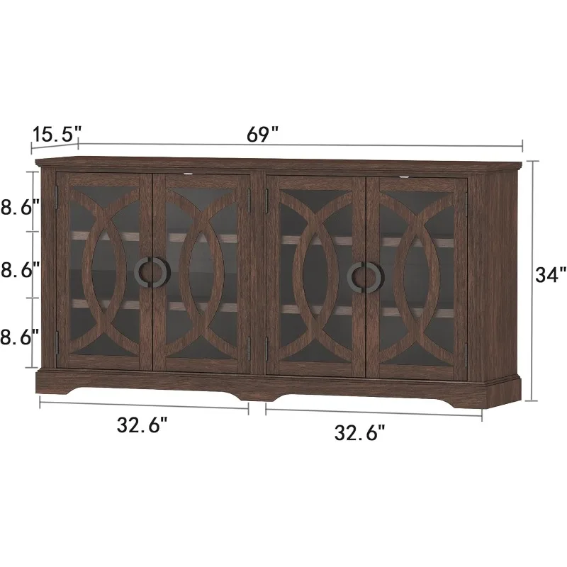 Sideboard Buffet, Farmhouse Buffet Cabinet with 4 Glass Barn Doors, Wood Sideboard Storage Cabinet for Kitchen, Dining Room,