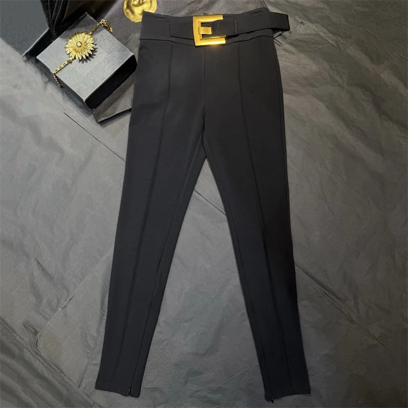 

Женские брюки: Новые облегающие брюки-карандаш с металлической пряжкой на поясе для весны 2026 года, с высокой талией, эластичные, до щиколотки, в стиле Y2K, повседневные.