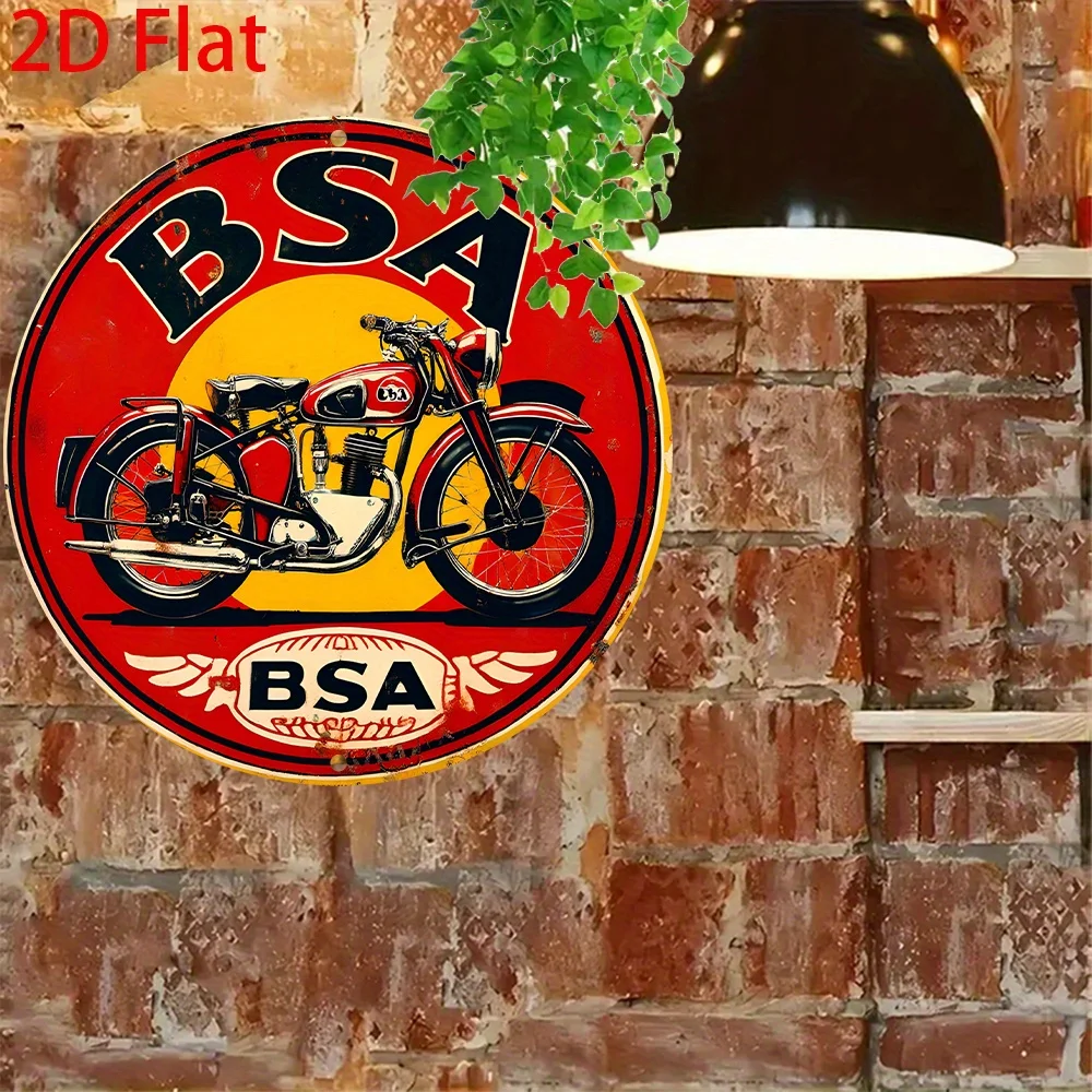 2D Flat - 1pc Retro BSA Motorcycle Aluminum  Sign, 20x20cmcm Round Wall Hanging Decorative Plaque, Vintage Style Multipurpose