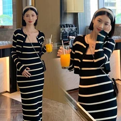 Korean Style Autumn Maternity Striped Knitted Dress Suits Long Sleeve Cardigans+Strap Dress Two Piece Pregnant Woman Clothes Set