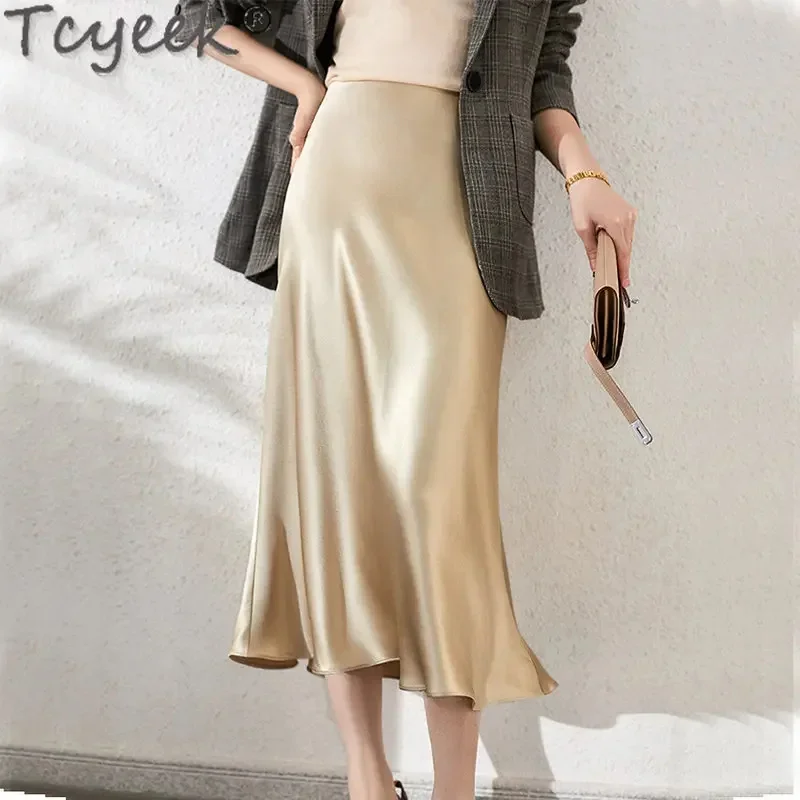 Acetate Tcyeek for Midi High-end Fishtail s A-line Black Skirt Korean Fashion Women Clothing Jupe Femme