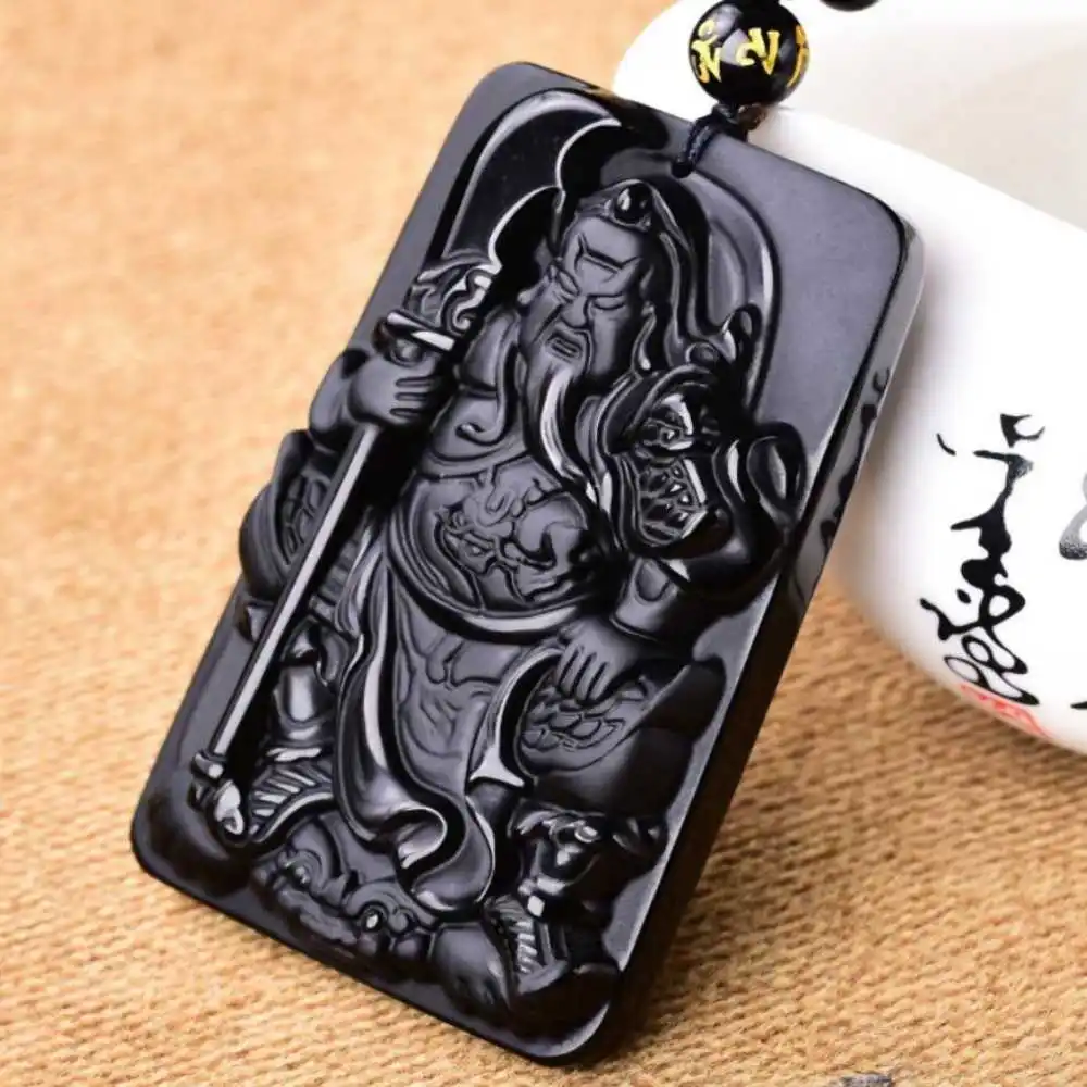 Natural 100% Obsidian Carved Guan Yu Lucky Amulet Pendant Cross Natural Wedding Steel Clavicle Wholesale Choker Men Stainless