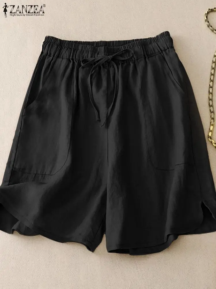 ZANZEA Summer Elastic Waist Drawstring Shorts Solid Color Casual Elegant Cotton Short Pants Holiday Women 2024 Loose Shorts