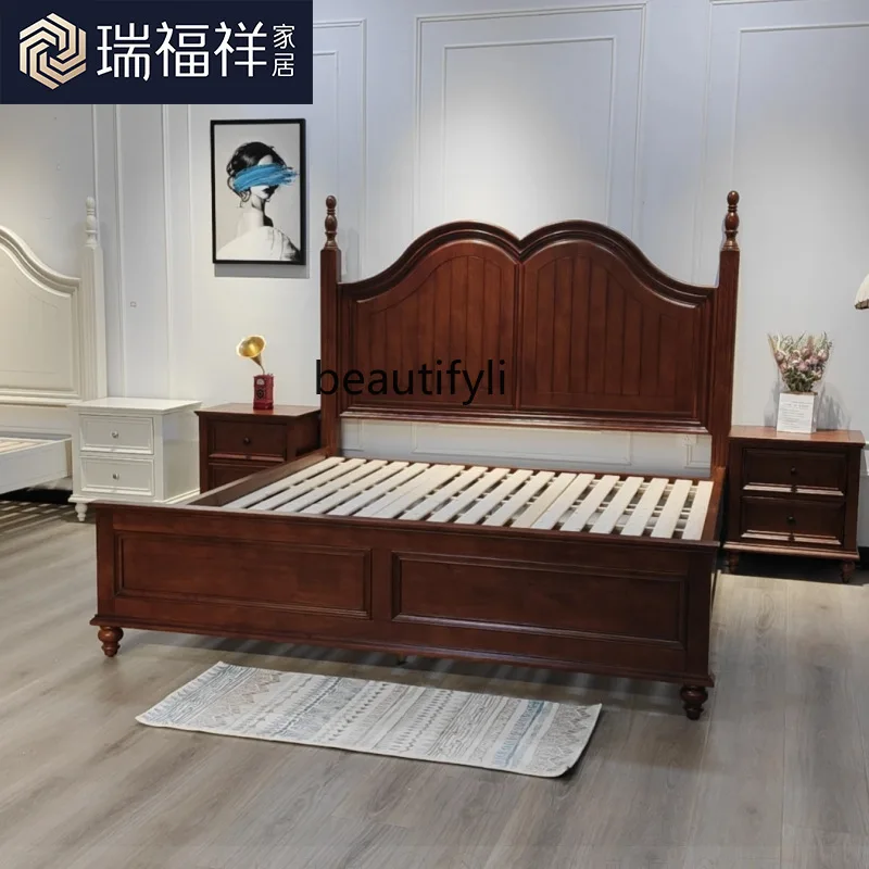 White Chinese wood American all solid wood bed 1.8 meters bedroom Roman column queen bed Princess bed