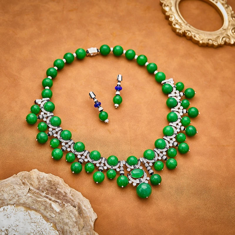 

Pure 925 Sterling Silver Jewelry For Women Green Gemstone Wedding Jewelry Set High Quality Earrings Necklace Jade Style Lady