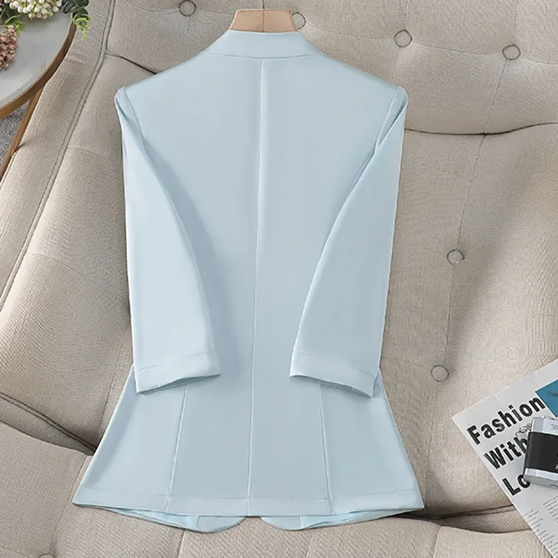 팝 봄 여름 여성 블레이저 솔리드 칼라리스 싱글 버튼 7부 소매 정장 재킷 숙녀 전문 오피스 정장