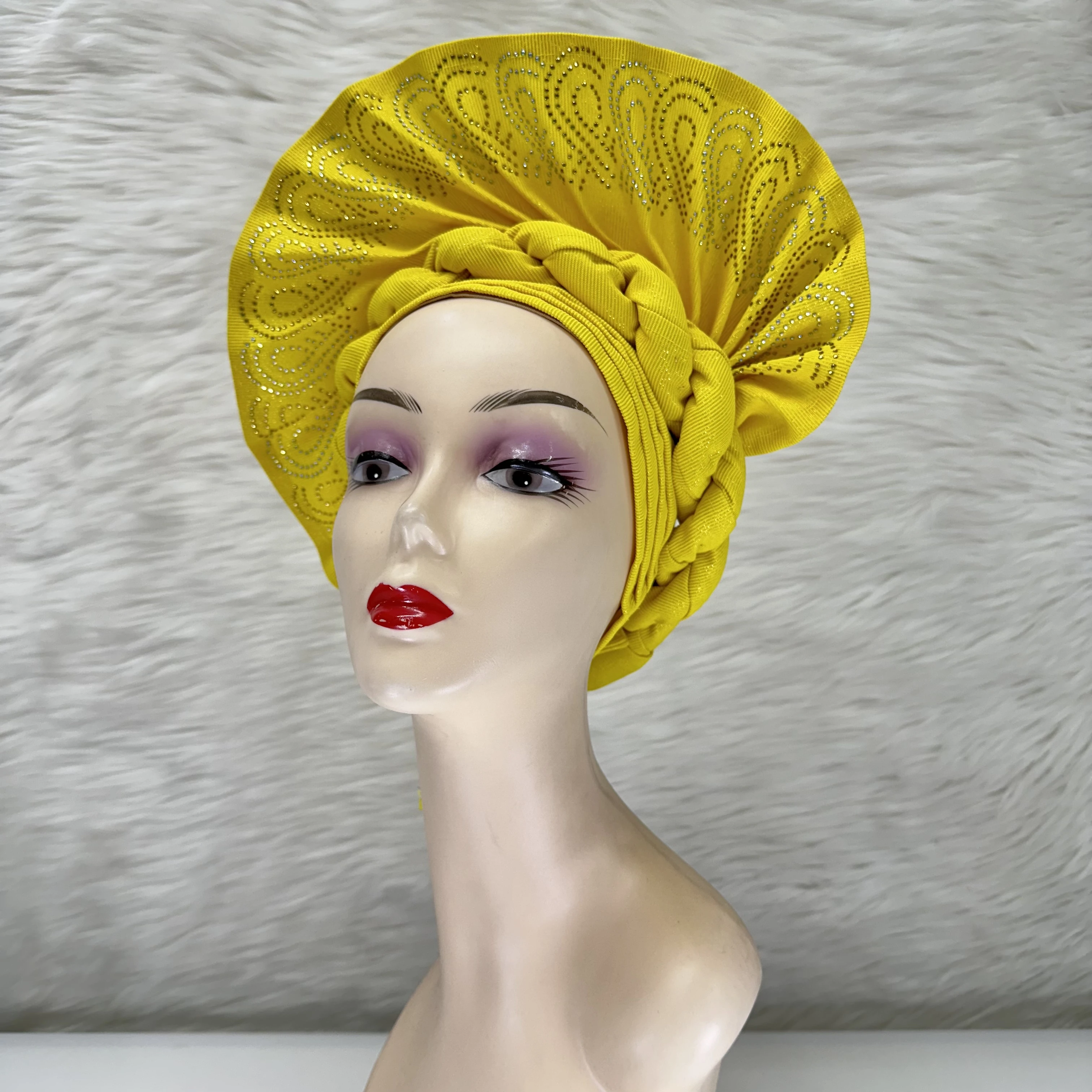 Pretty Women Head Wrap African Headtie Turban Femme Nigerian Gele Headties With Rhinestones Sewing Fabric For Party High Quality