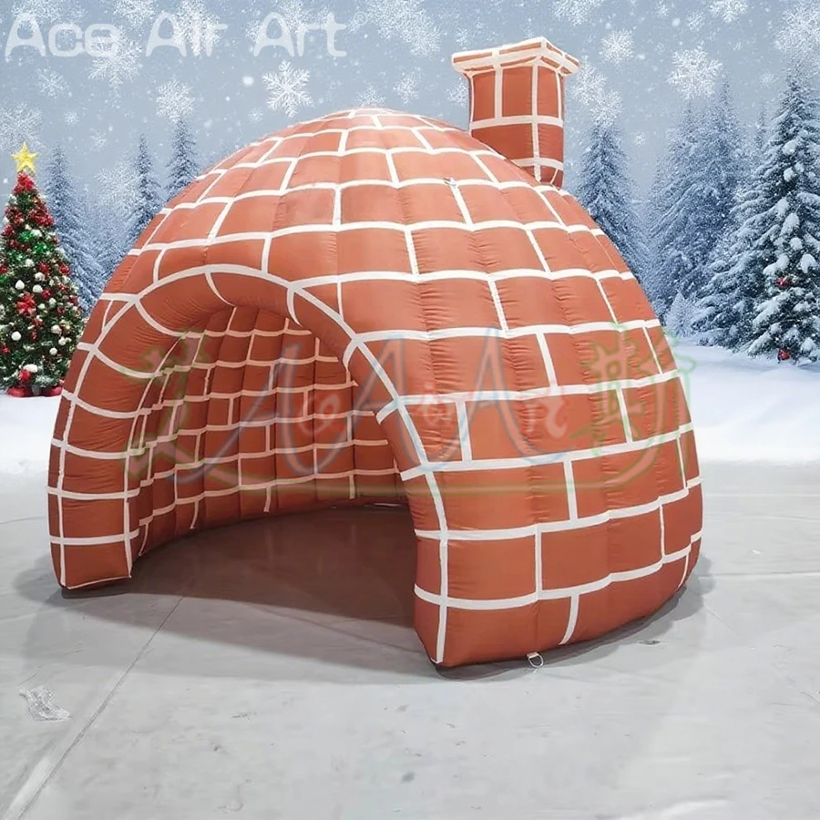 Beau igloo gonflable au mur de briques rouges avec cheminée, tente dôme gonflable d'hiver pour décoration extérieure de noël, Placement de cadeaux