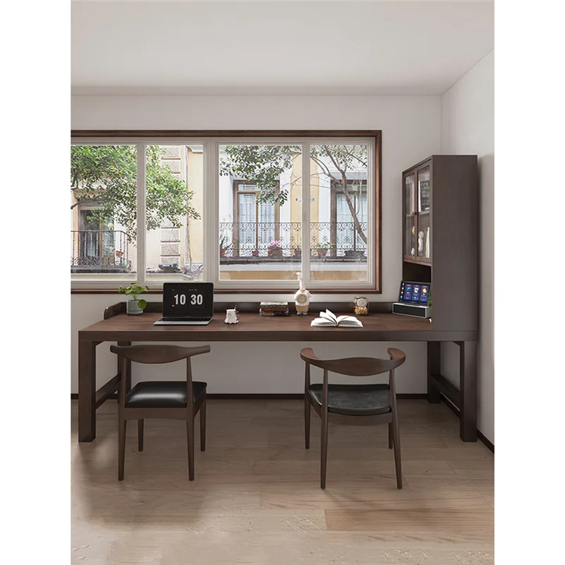 Solid wood desk, bookcase integrated against the wall, home window office