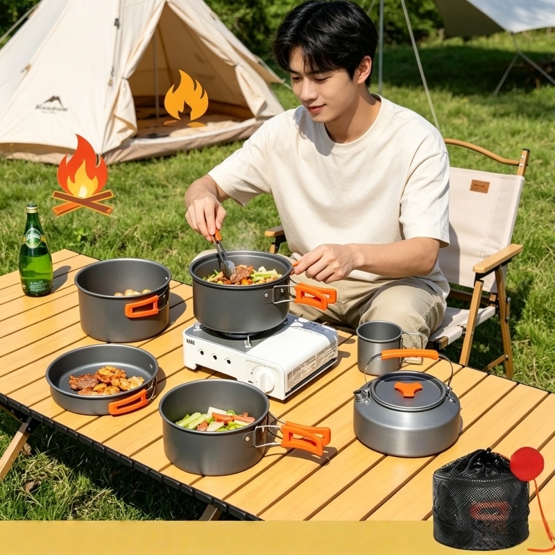  10PCS Camping Cookware Set Outdoor Cooking Ultralight Aluminum Pot Kettle Portable Travel Tableware With Storage Bag 