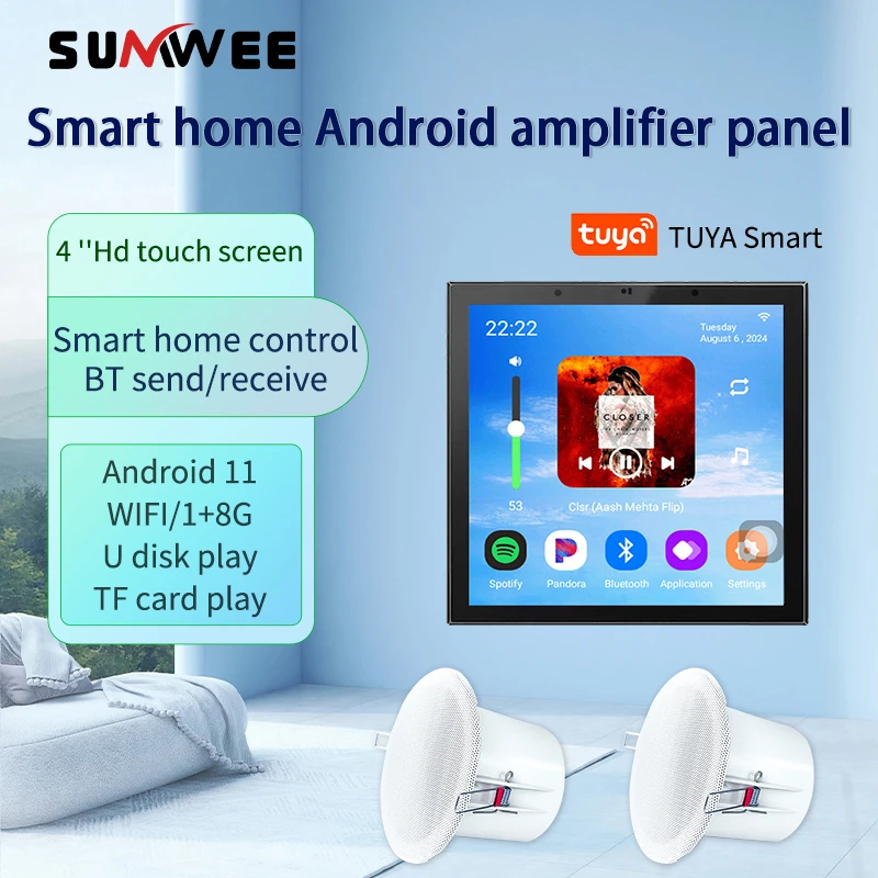 Smart Home audio in Wall Amplifier Android 11 System 4 Inch Touch Screen Tuya WiFi Amplificador Alexa Remote Control sound panle