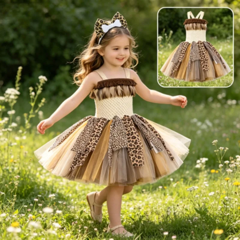 Girls' Primitive Style Dress Set, Retro Tribal Tulle Tutu Skirt, Kids' Outfit for Performance, Halloween Parties and Gatherings