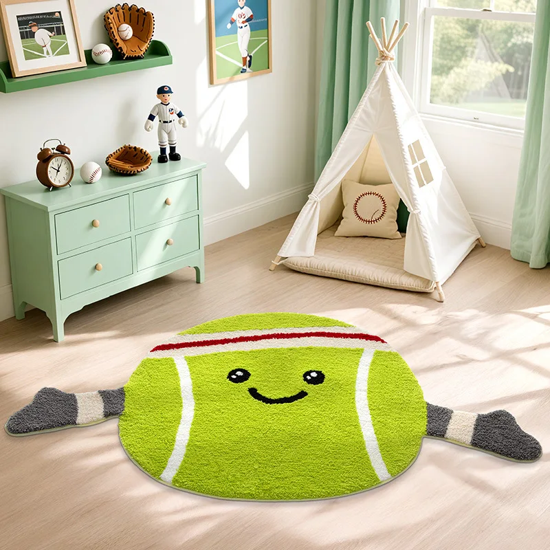 Cartoon Baseball and Tennis Shape Rug, Premium Flocked Microfiber Kids Play Mat, Home Decor for Living Room Bedroom, Thick Soft