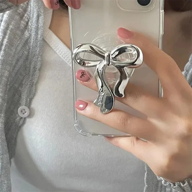INS Korean Silver Bowknot Griptok Bow Phone Holder Finger Ring Holder Stand Support for IPhone Samsung Foldable Socket Bracket