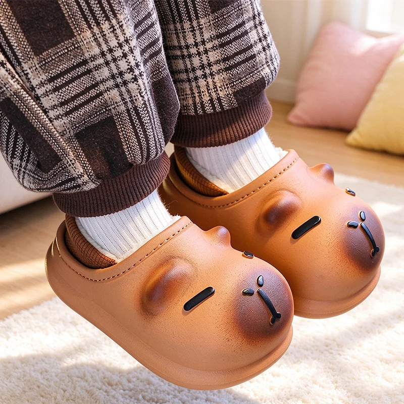 Children's Cartoon Capybara Fleece Lined Slippers Winter Cute Baby Waterproof Warm Non-slip House Shoes Boys Girls Cotton Shoes