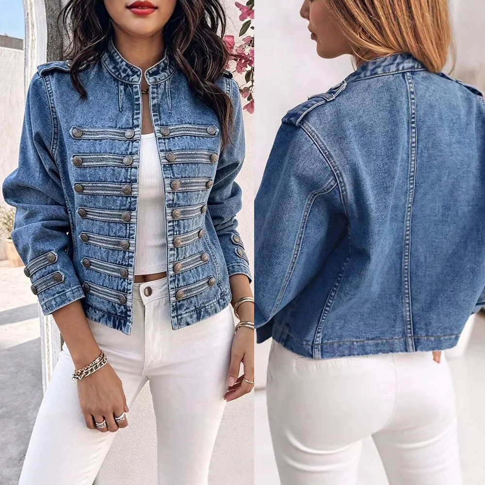 Women Military Style Short Denim Jacket Stand Collar Multi Buttons Decor Long Sleeve Slim Jean Outerwear