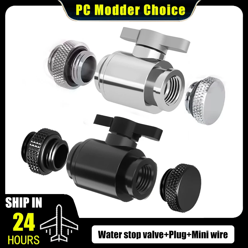 Mini Release Water Valve Kit + Stop Plug + M-M Fitting Inner Thread G1/4'' X2 For Hard Tube PC Water Cooling, Black/Silver