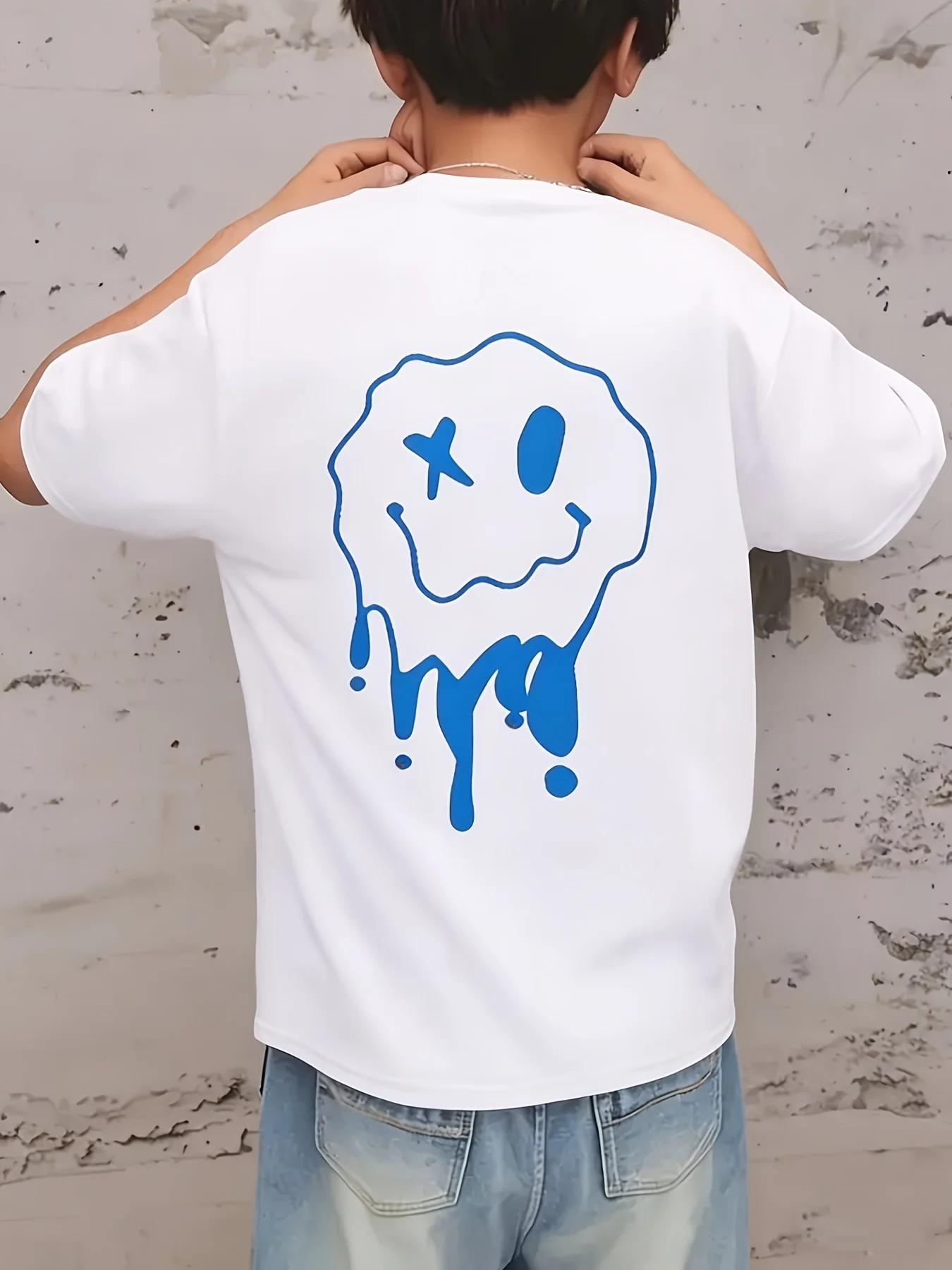 Youth Street Style Blue Melting Smiley Face Print Regular Thickness Summer Street Round Neck T-shirt Casual Parent-child Outfit