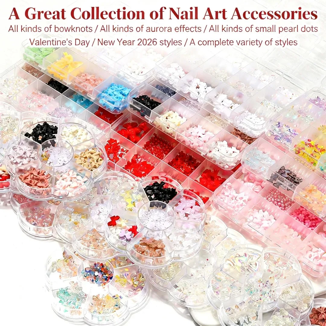 1Box 3D Bowknot Flower Nail Art Decorations with Steel Beads