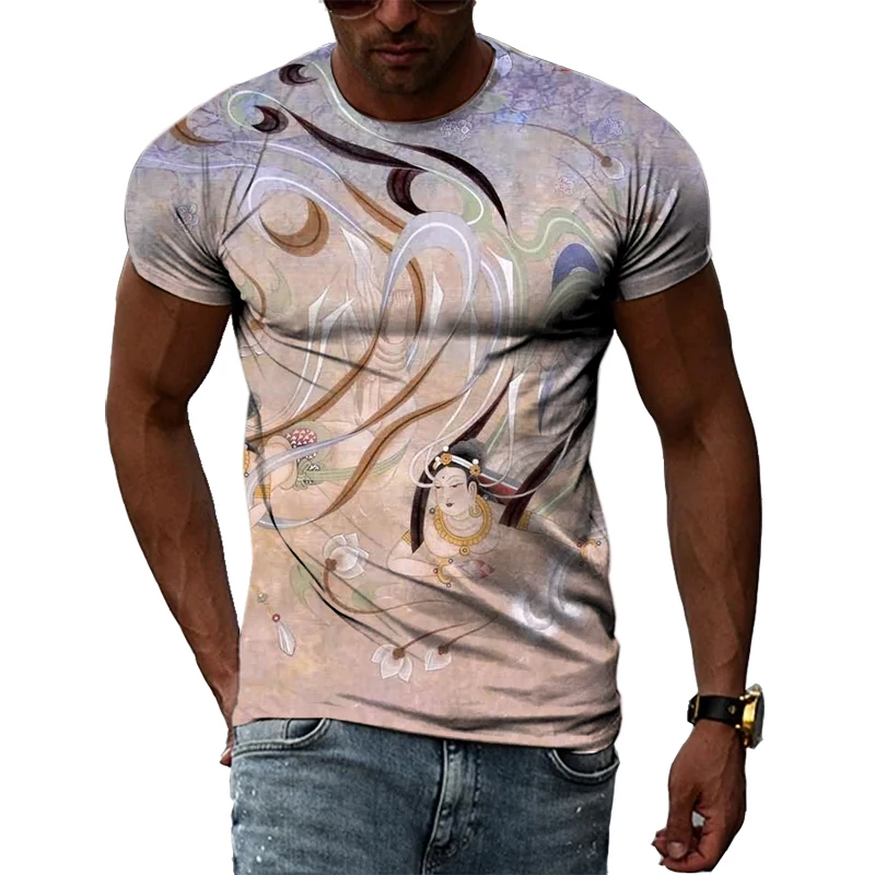 China Dunhuang Mural Graphic Shirt 3D Harajuku Print New Summer Retro Art Casual Short Sleeve Top For Men And Women Personality