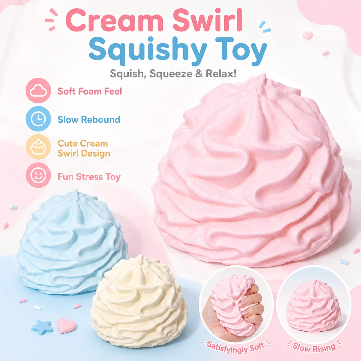 1 Stück Creme-Wirbel Langsam Aufsteigendes Squishy-Spielzeug - Imitierte Schlagsahne Fidget Stressabbau Weiches Quetschspielzeug in Drei Farben Erhältlich