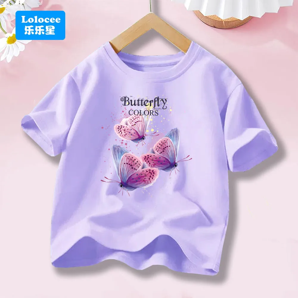 Neue Lila Schmetterling Druck Kinder Mädchen T Shirt Sommer Kinder Kleidung Kurzarm Kinder Top Mode Rundhals T-Shirts HDZS1