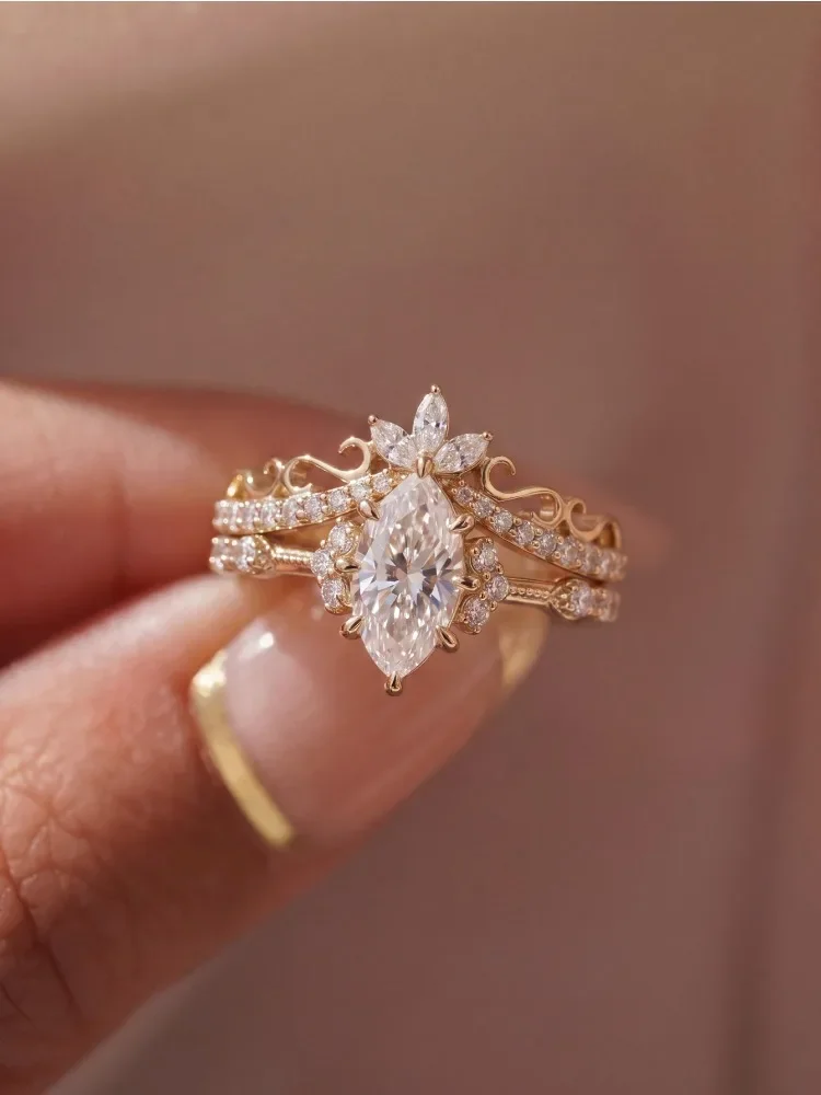 925 Sterling Silber Prächtiger Marquise-Muster Zirkon-Ring-Set für Damen Verlobung Hochzeit Luxus Hochwertiger Edel-Schmuck – Detail 2