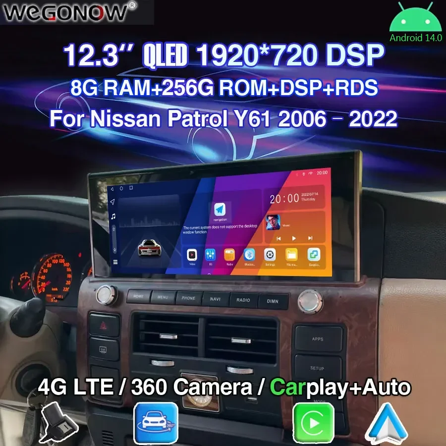 

360 camera Carplay 12.3 " Android 14.0 8GB+256GB Car DVD Player GPS WIFI Bluetooth 5.0 Radio For Nissan Patrol Y61 2006 - 2022