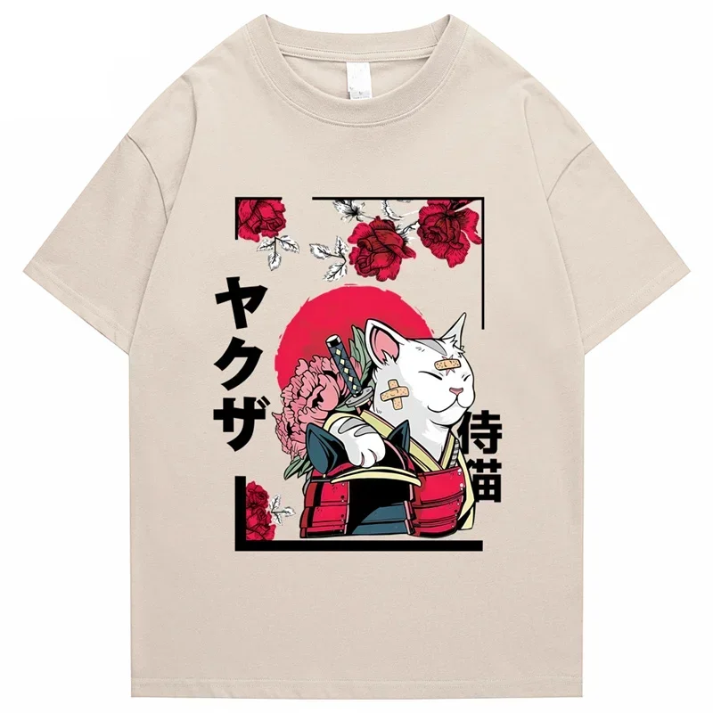 Japan Harajuku Funny Kung Fu Cat T-shirt Men's Tshirts Street Apparel Cotton Summer Cartoon Printing shirt Unisex Hip Hop Tees