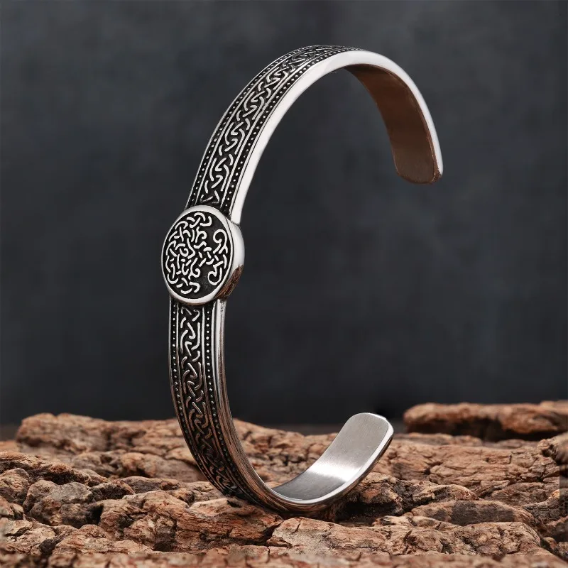 Vintage Carved Tree of Life Open Bangle, Antique Nordic Viking Celtic Knot Titanium Steel Men's Cuff Bracelet