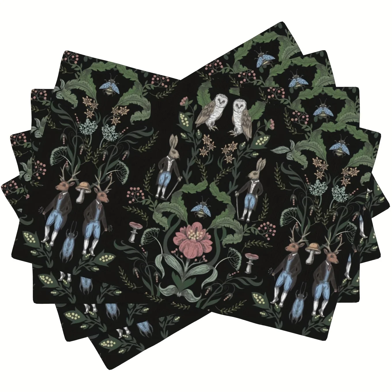 

4 Pack Polyester Placemats, 12x18inch, Machine Washable, Woven Rectangle Table Mats with Forest Animals, Fairytale Botanical F