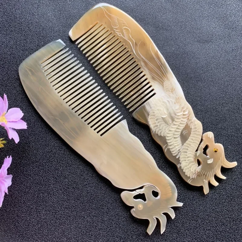 Handmade Natural Ox Horn Comb Anti Static Buffalo Combs Dragon Phoenix Carving Professional Detangling Massage Fine Tooth Comb