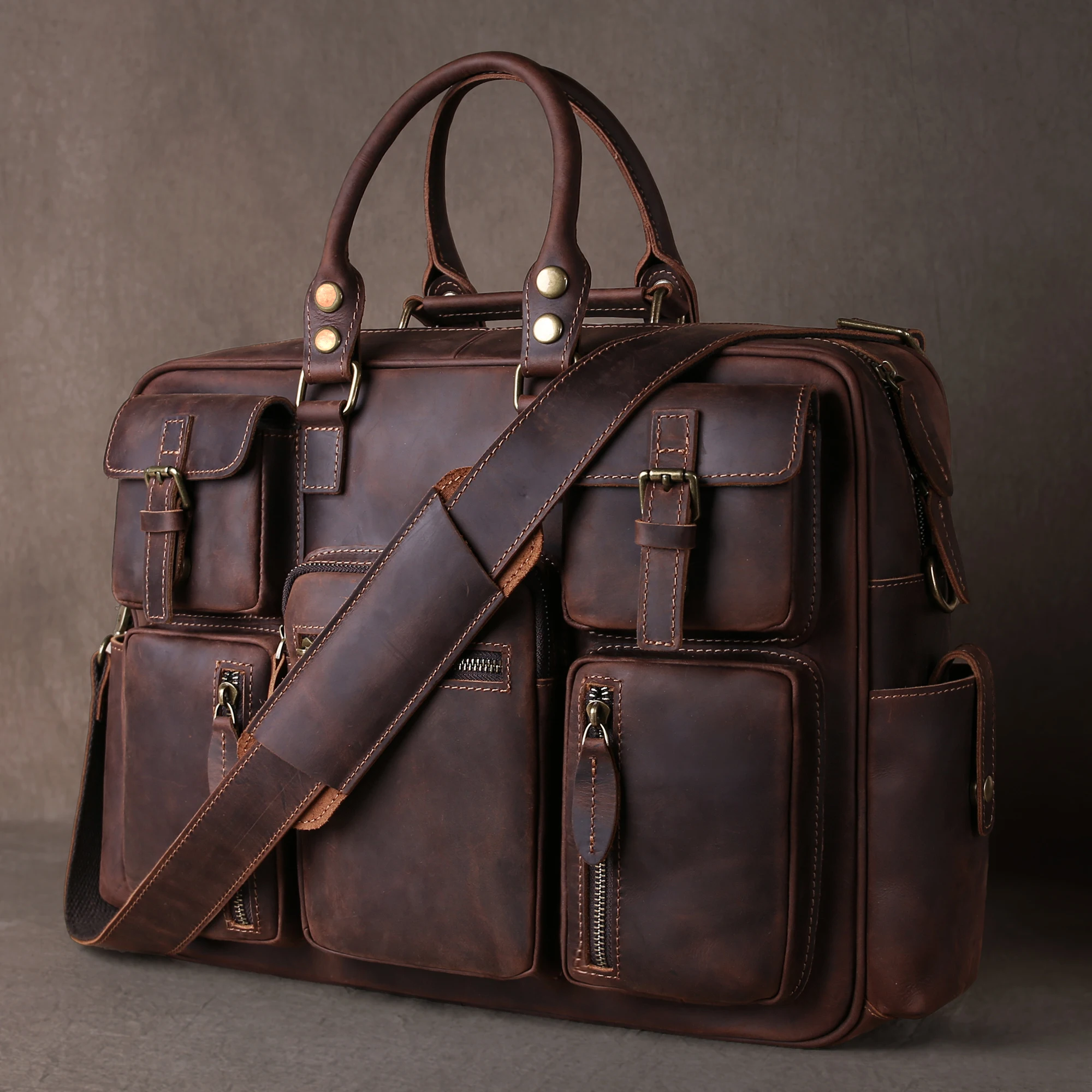 Retro genuine leather handbag - Men's top-grain cowhide large capacity multi-pocket briefcase, laptop bag, travel bag
