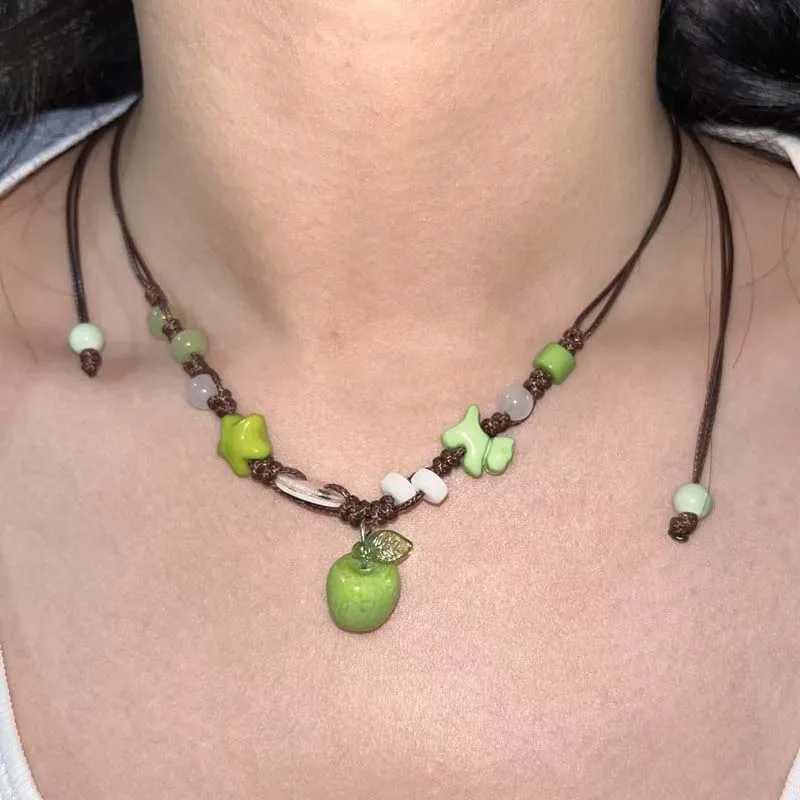 Collares con colgante de manzana verde a la moda para mujer, Gargantilla ajustable con cuentas hechas a mano de cerámica, collares, regalos de joyería de cumpleaños