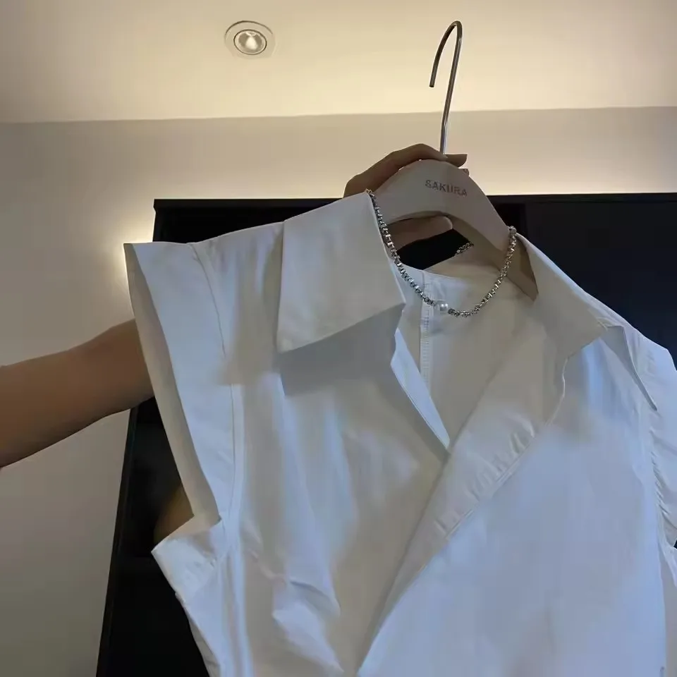 Chemise française plissée de couleur unie, col POLO irrégulier, taille sans manches, pour femmes, nouveau haut polyvalent d'été pour dames