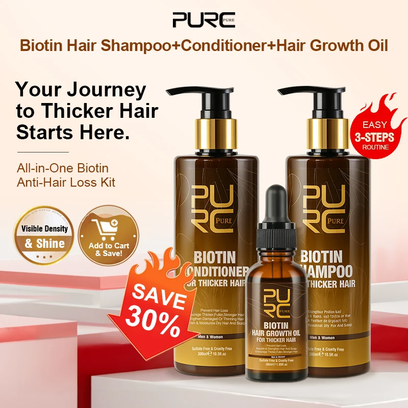PURC biotine huile de croissance des cheveux shampooing revitalisant ensembles kératine lissage perte de cheveux traitement pour hommes femmes produits de soins capillaires