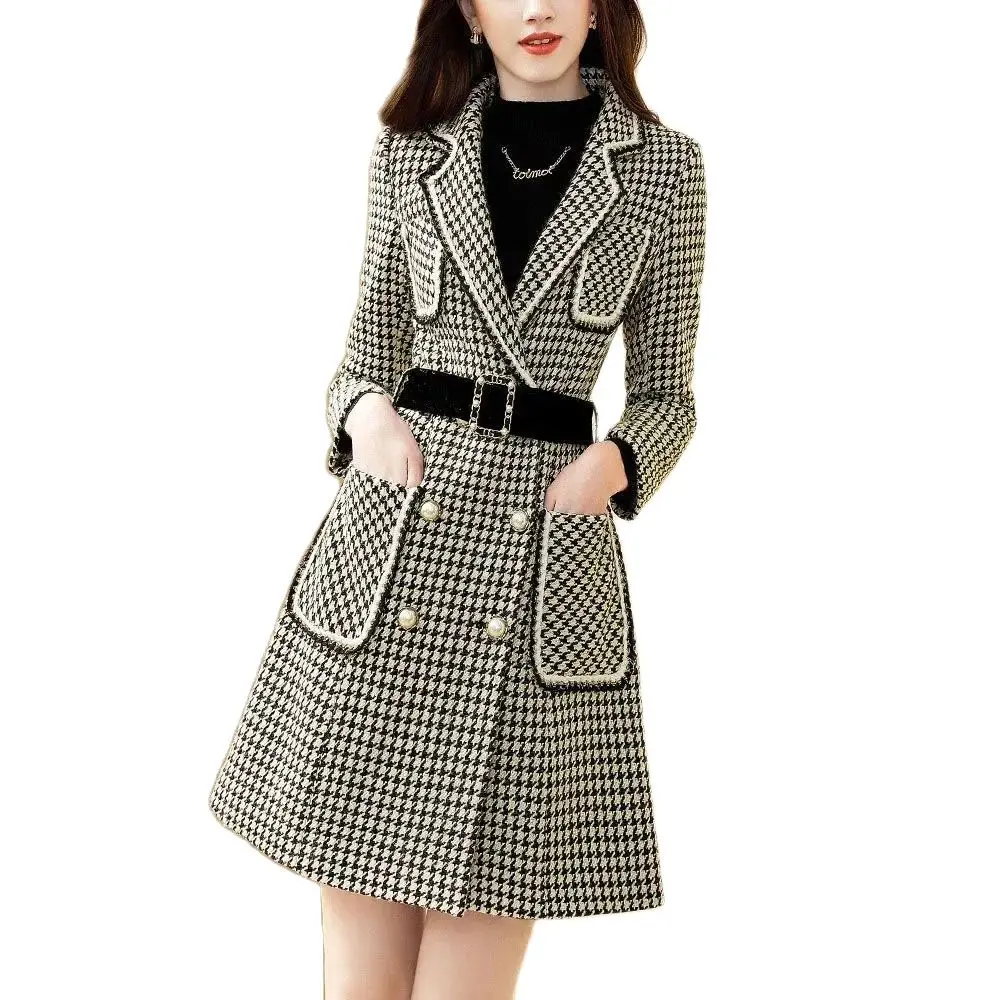 

New Qianniao Grid Trench Coat For Women In Autumn And Winter 2024, High-end Fashion Double Breasted Slim Fit Jacket, Women's Tre