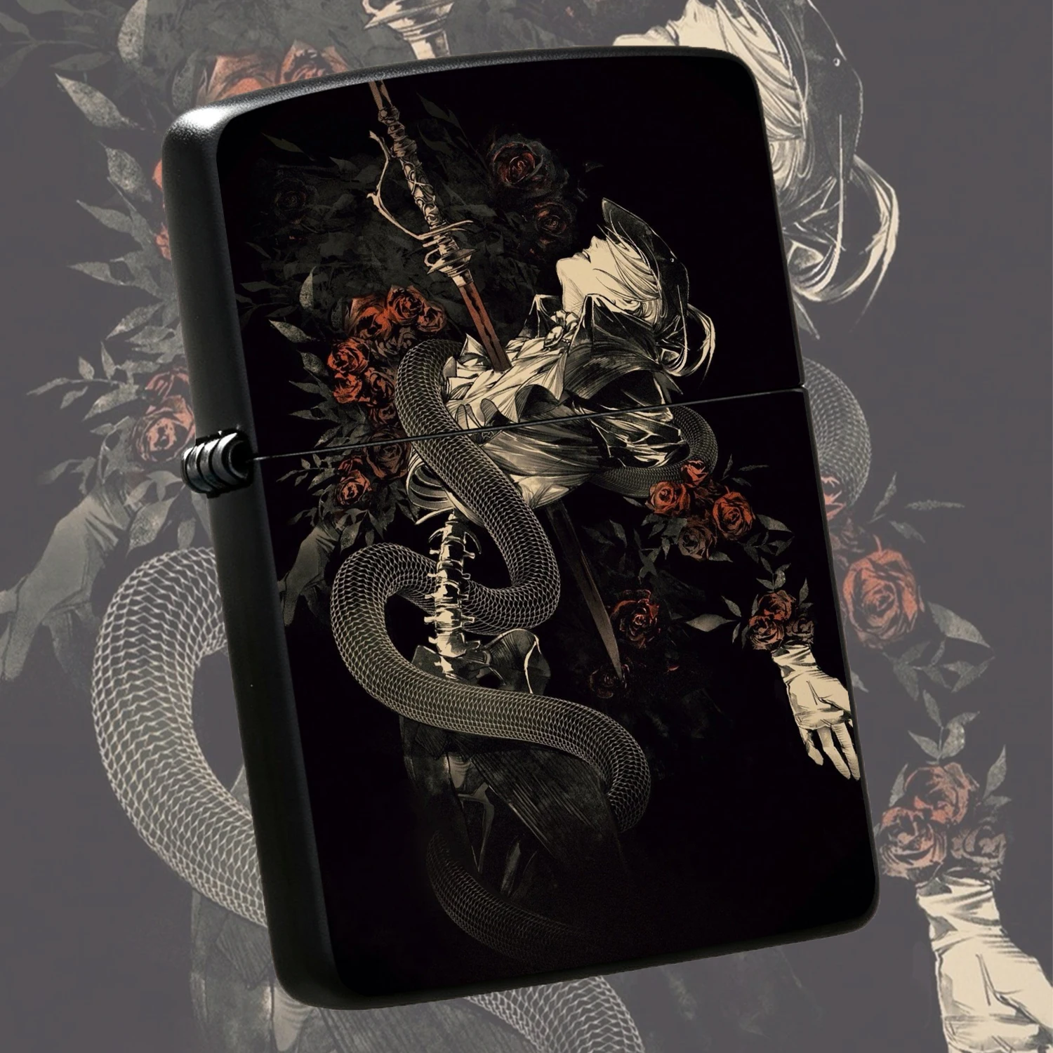Vintage Dark Style Hunter Rose Snake Pattern Lighter Art Game Themed Printed Durable Housing Windproof Portable Lighter Unique Aesthetic Collectible Gift for Boyfriend Outdoor Daily Use A Fun and Humorous Lighter