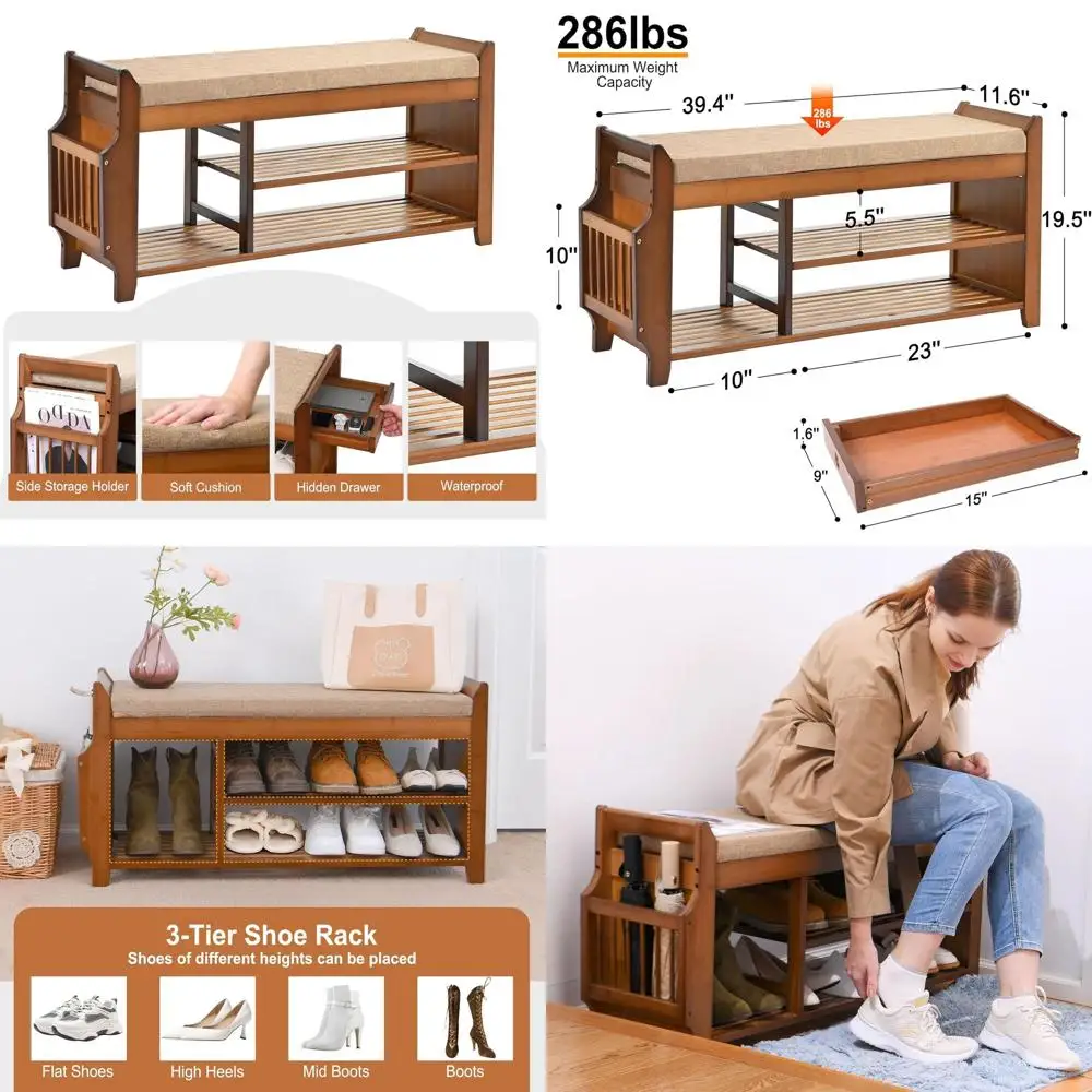 

2-Tier Bamboo Entryway Bench with Hidden Drawer and Cushion for Shoes, Storage, and Living Spaces